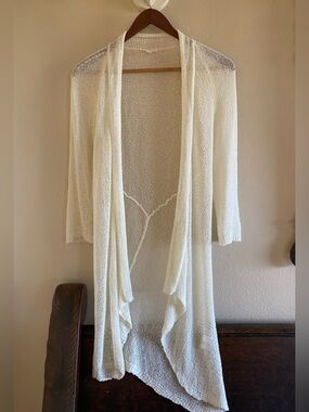 Eileen Fisher Cream Linen Blend Asymmetrical Mesh Kit Cardigan